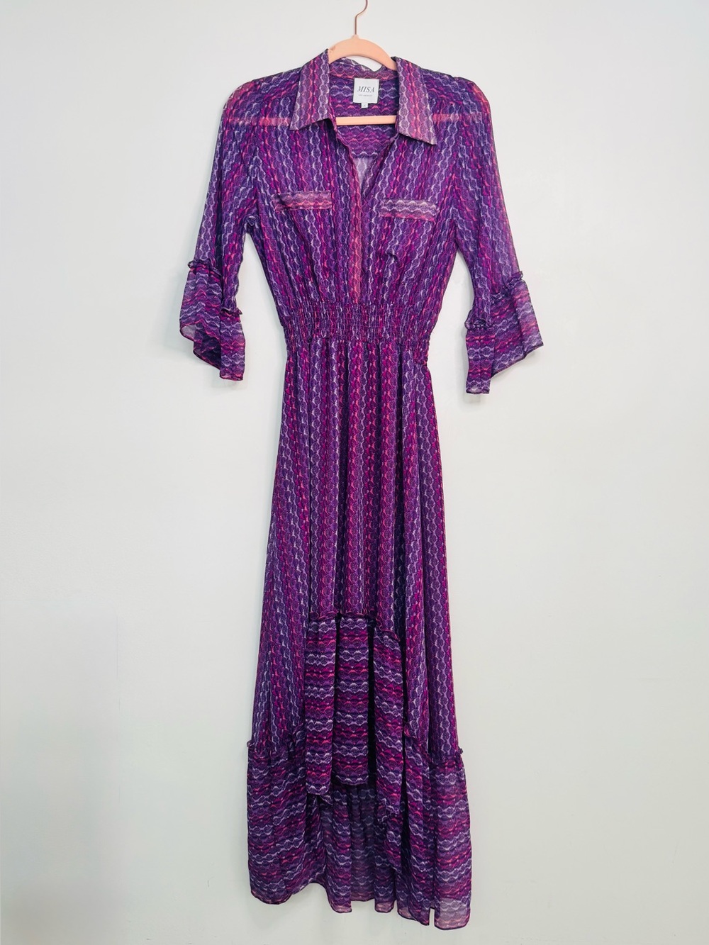 Misa Los Angeles Purple Patterned HiLow Maxi Shirt Dress with Shirred Waist.